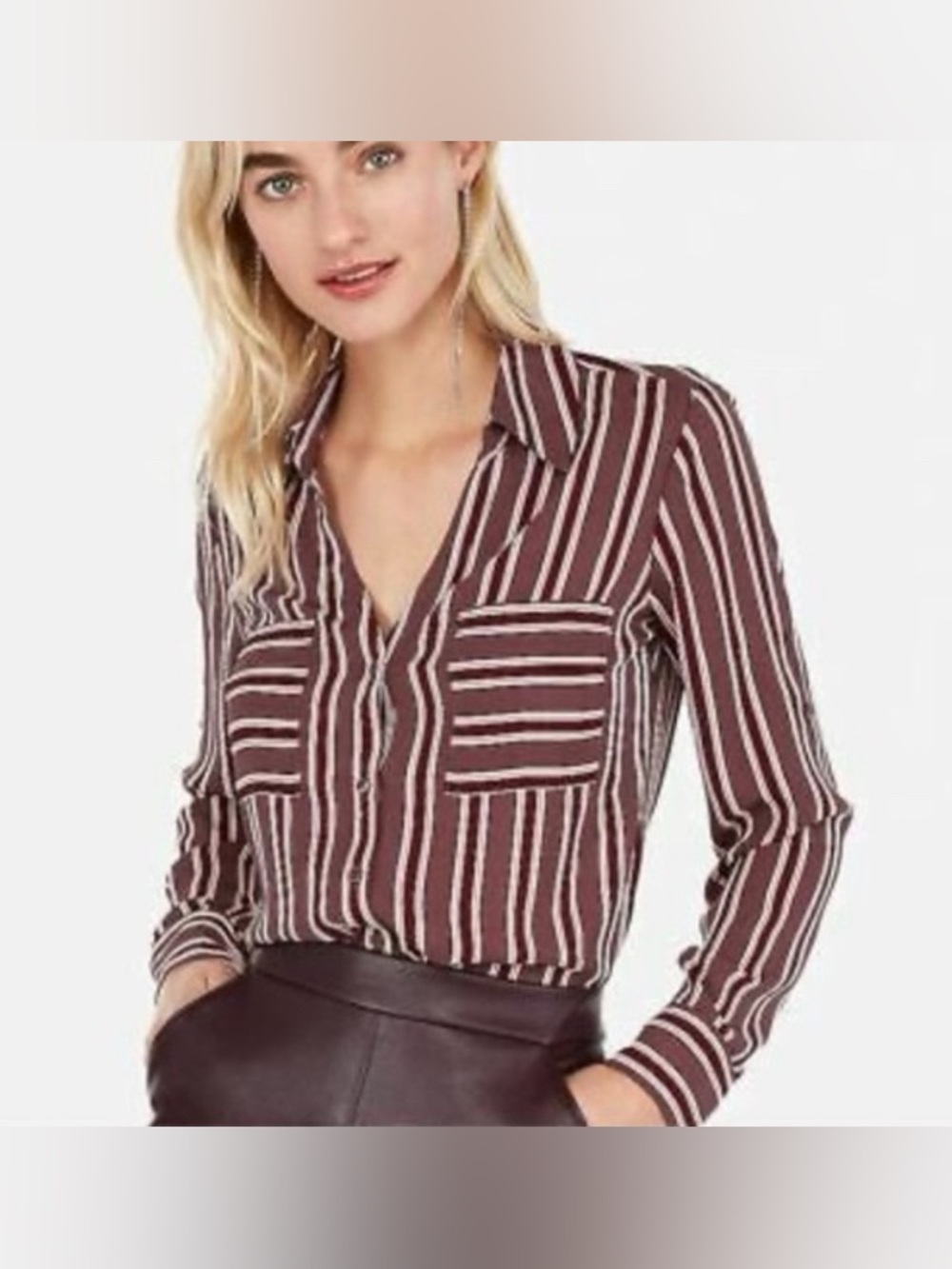 Express Burgundy Striped Button Down Shirt